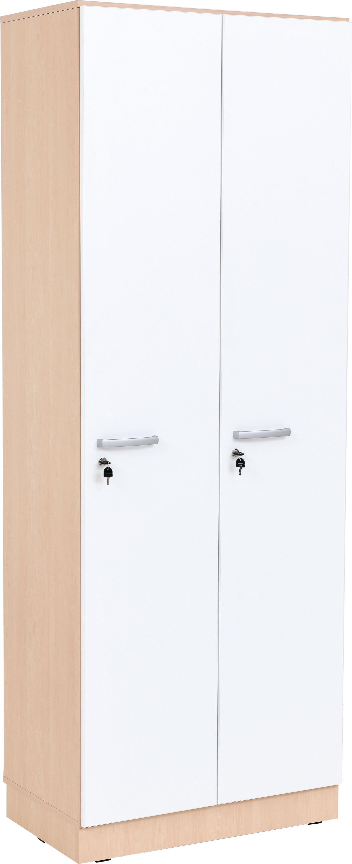 Robuster Spindschrank mit weißen Türen, Ahorn-Korpus.