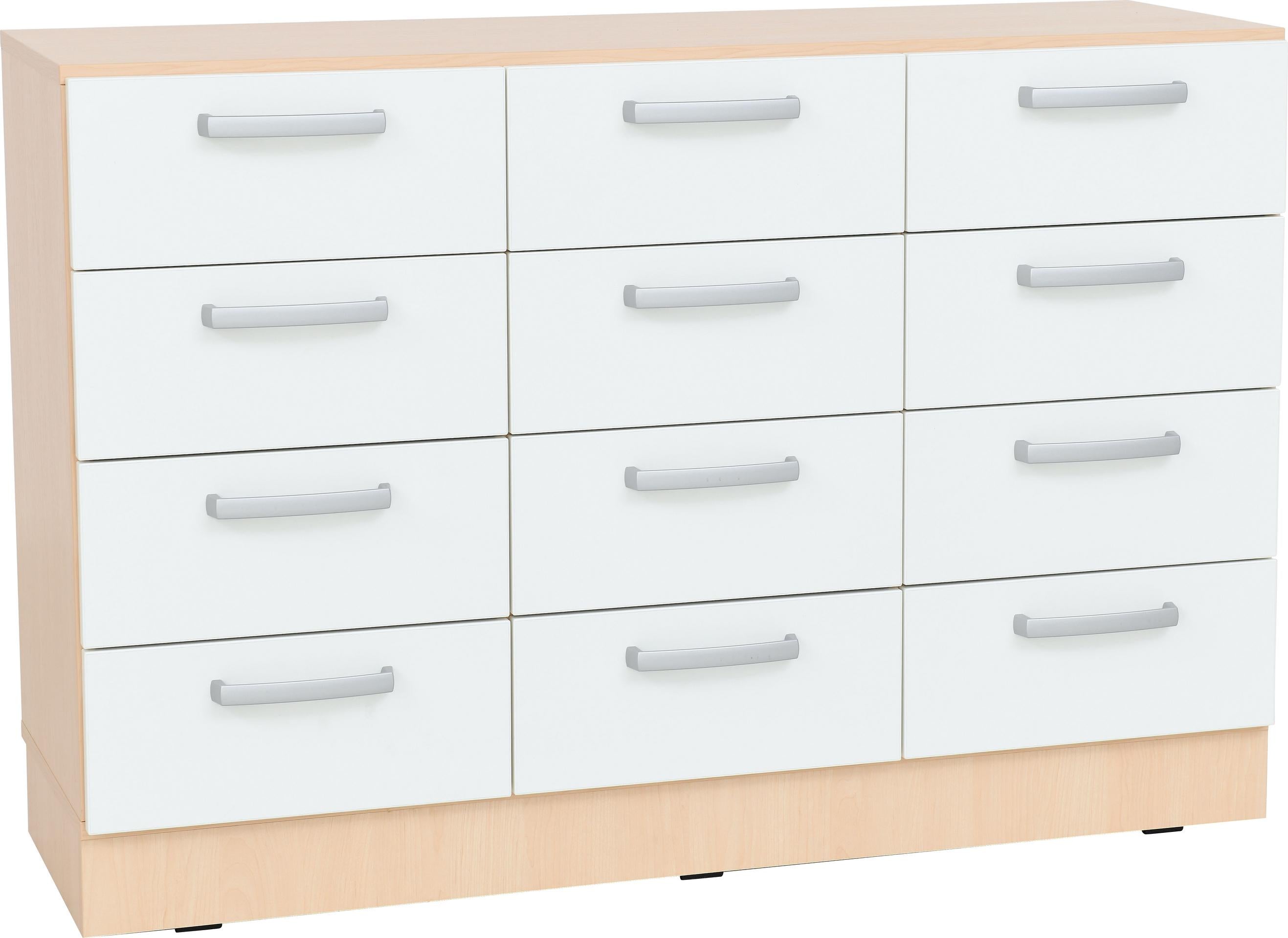 Schubladenschrank mit 12 Schubladen, Ahorn-und-Weiße-Fronten.
