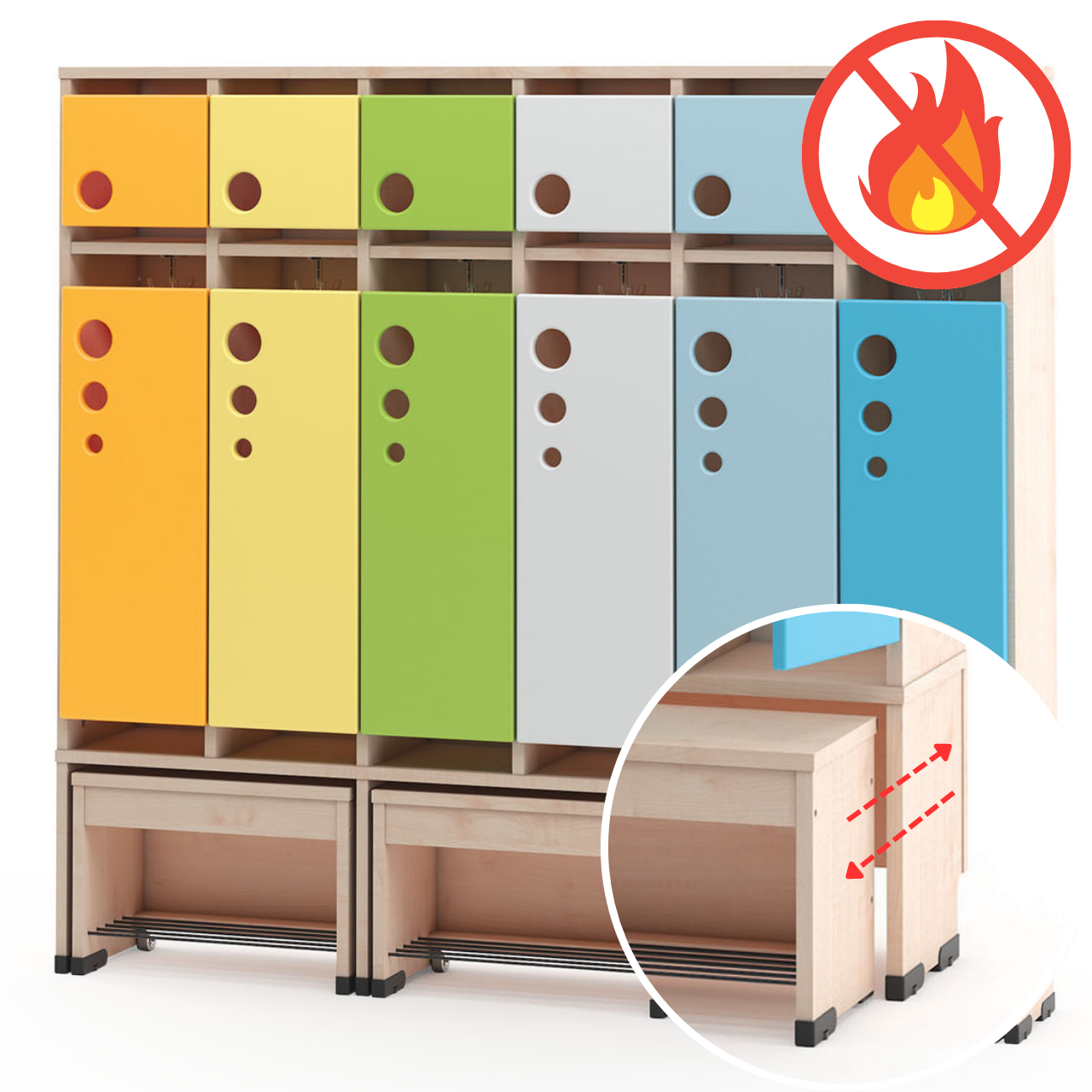 Vestiaire de la série Bubble avec banc extensible, ignifuge Configurable - différentes couleurs et tailles