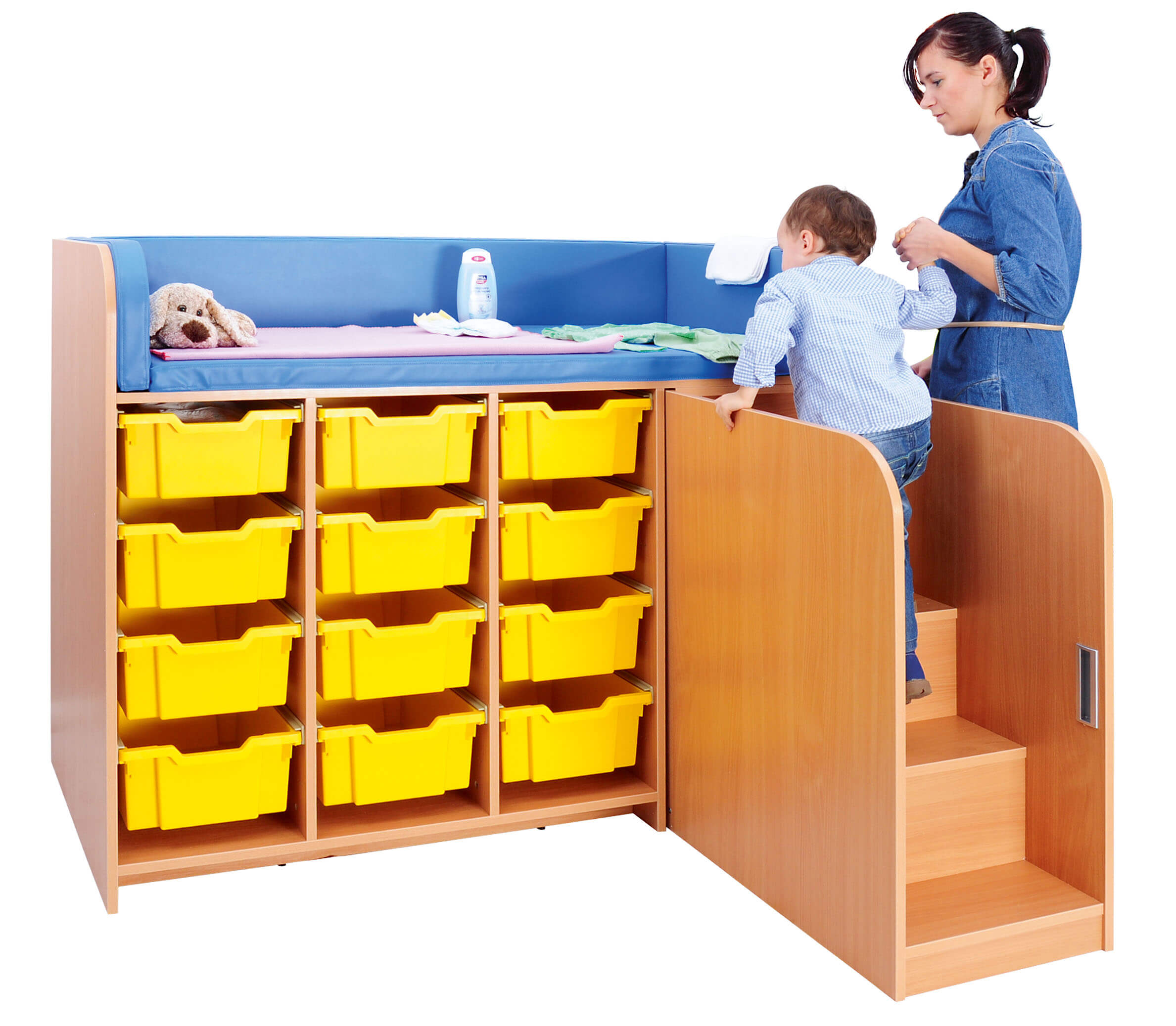 Große Wickelkommode mit Treppe inkl. Wickelauflage, Container optional, Treppe links o. rechts