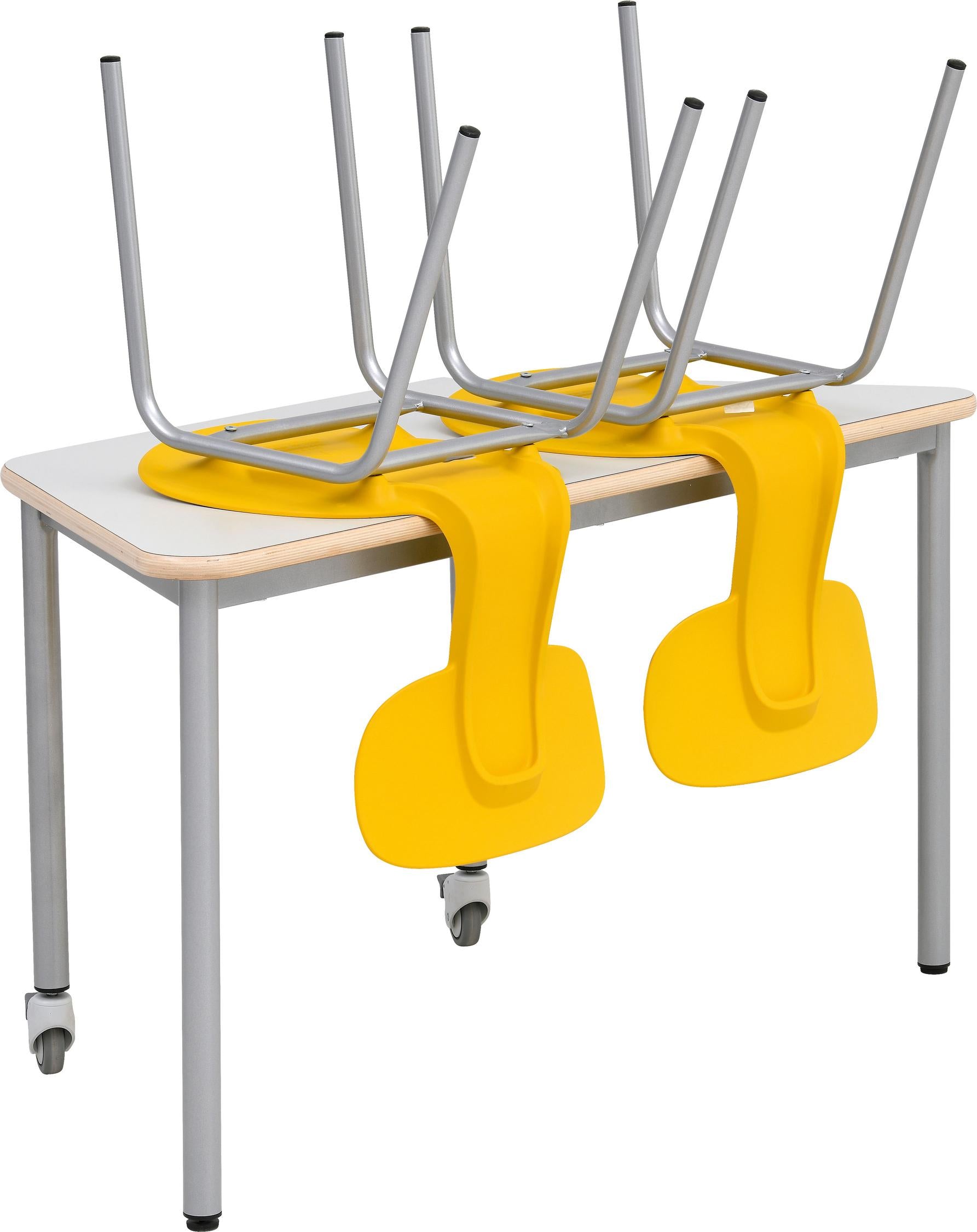 Stühle auf Doppeltisch Mila, Schülerhöhe 43 cm, gelb.