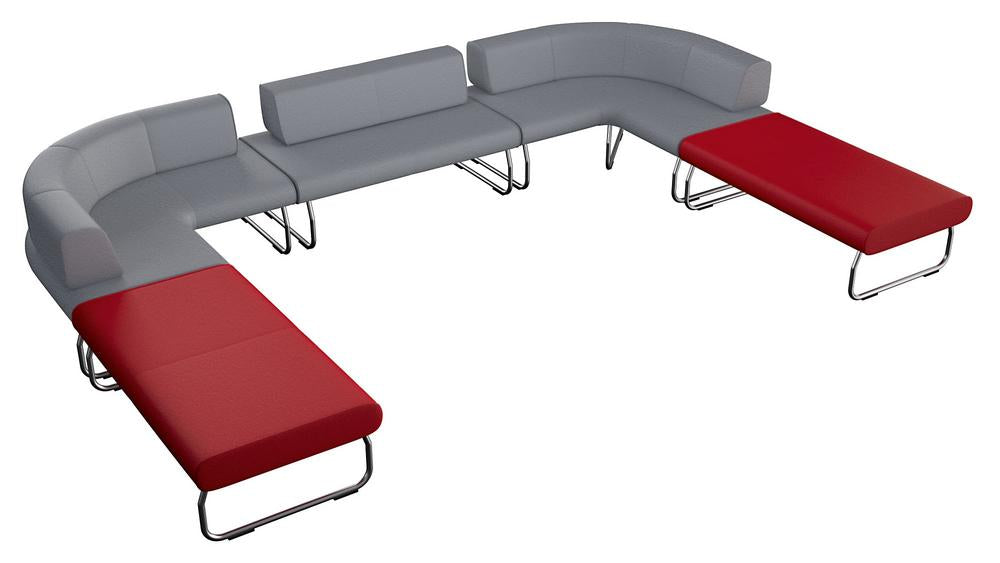 Moderne Sitzlandschaft Flow 5, grau-rote Module.