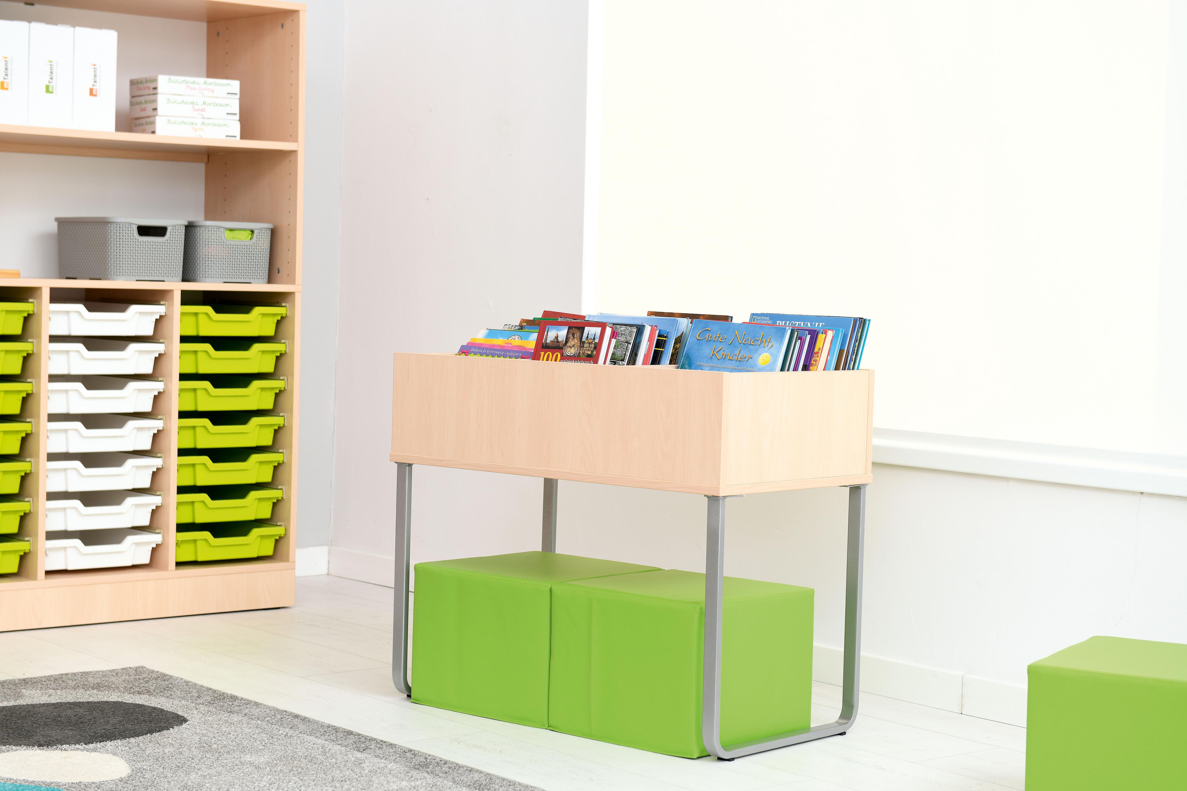 kindergarten aufbewahrung Bücherkiste mit Gestell – Für Leseecke in Kita & Schule – smarter kiddies