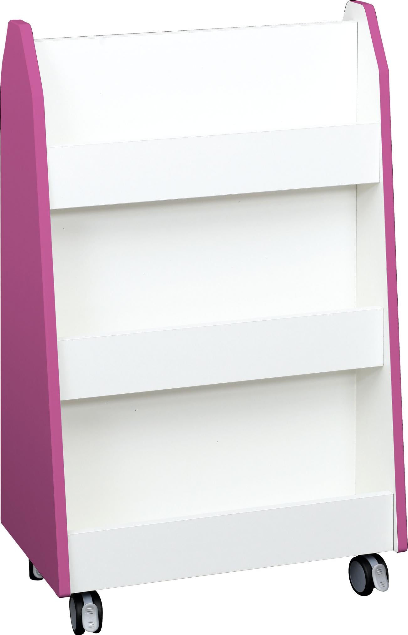 Bücherregal zweiseitig, pink-weiß, mobil auf Rollen. - Produkt wird im Kindergarten oder Schule genutzt.