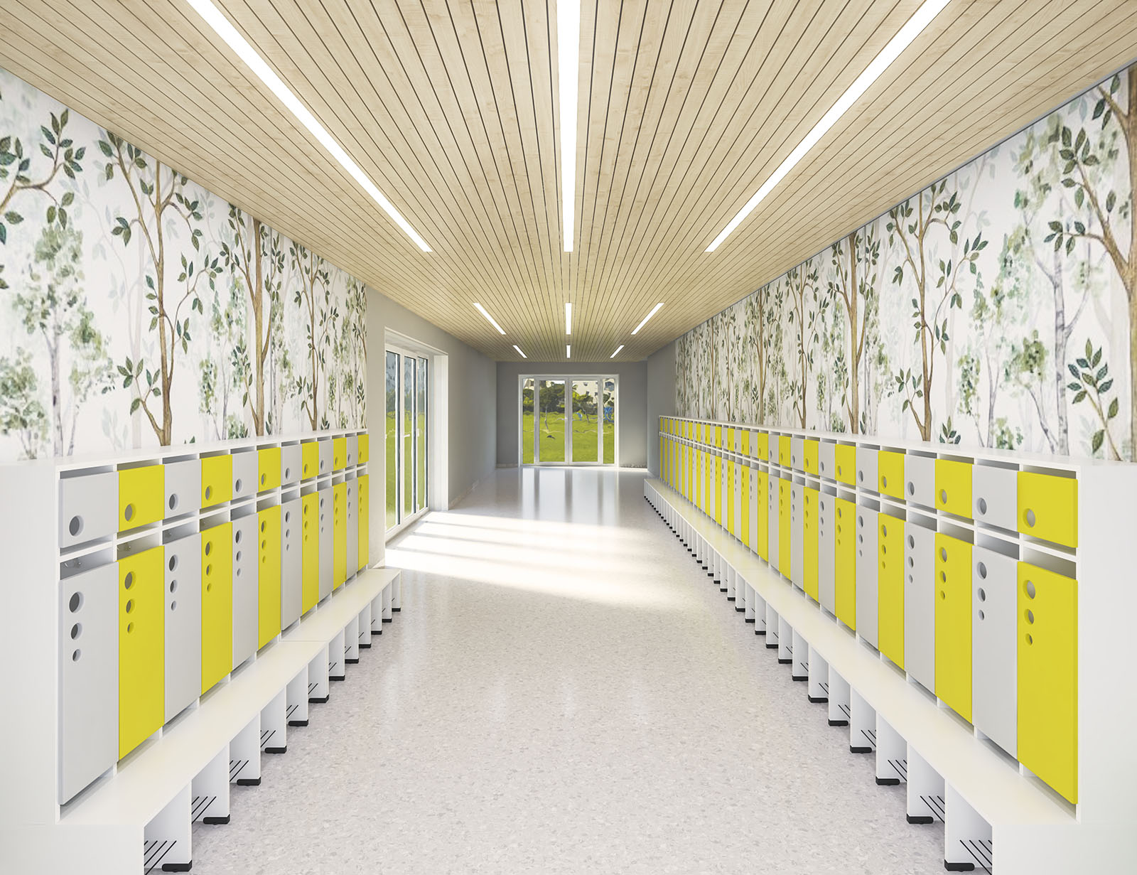 Garderobe Bubble-Serie mit Bank, Konfigurierbar - versch. Farben. Geeignet für Kita, Kindergarten und Schule.