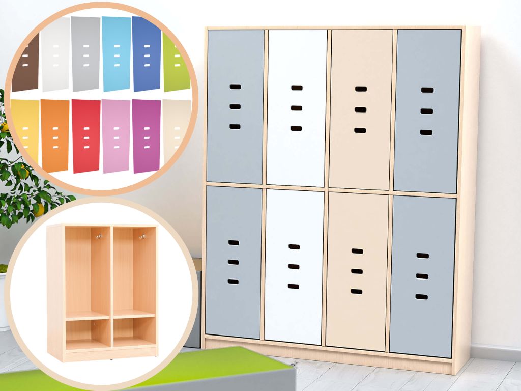 Garderobe Rainbow 2-8 Einheiten, optional mit Türen, 12 versch. Farben, versch. Höhen/Breiten. Geeignet für Kita, Kindergarten und Schule.