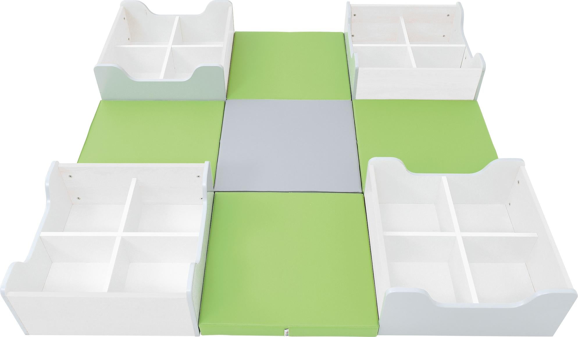 Gemütliche Leseecke mit Bücherkisten und Matten gestaltet. - Produkt wird im Kindergarten oder Schule genutzt.