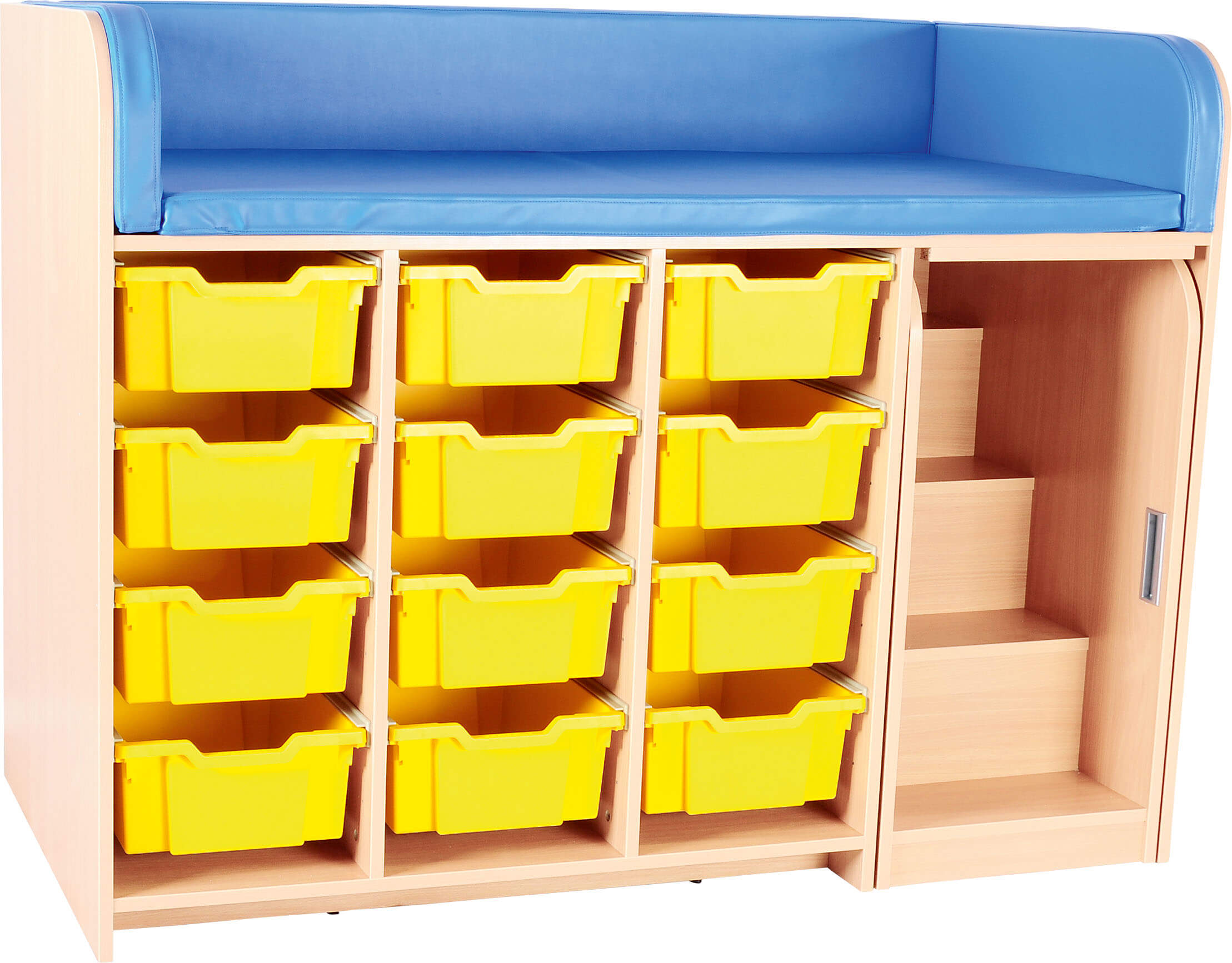 Große Wickelkommode mit Treppe inkl. Wickelauflage, Container optional, Treppe links o. rechts. Geeignet für die Krippe, Kita & Kindergarten.