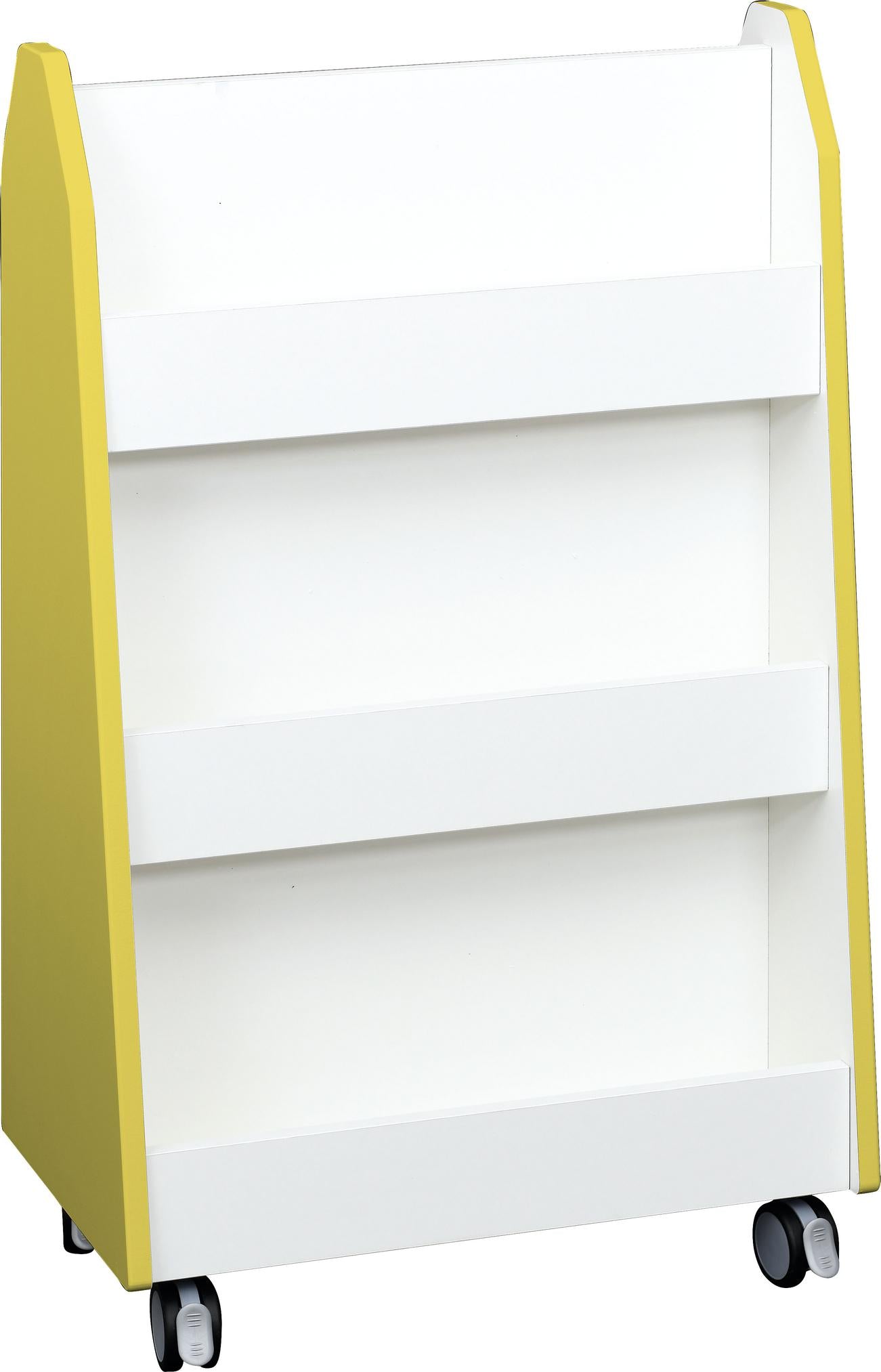 Mobiles, gelbes Bücherregal für Kita und Schule. - Produkt wird im Kindergarten oder Schule genutzt.