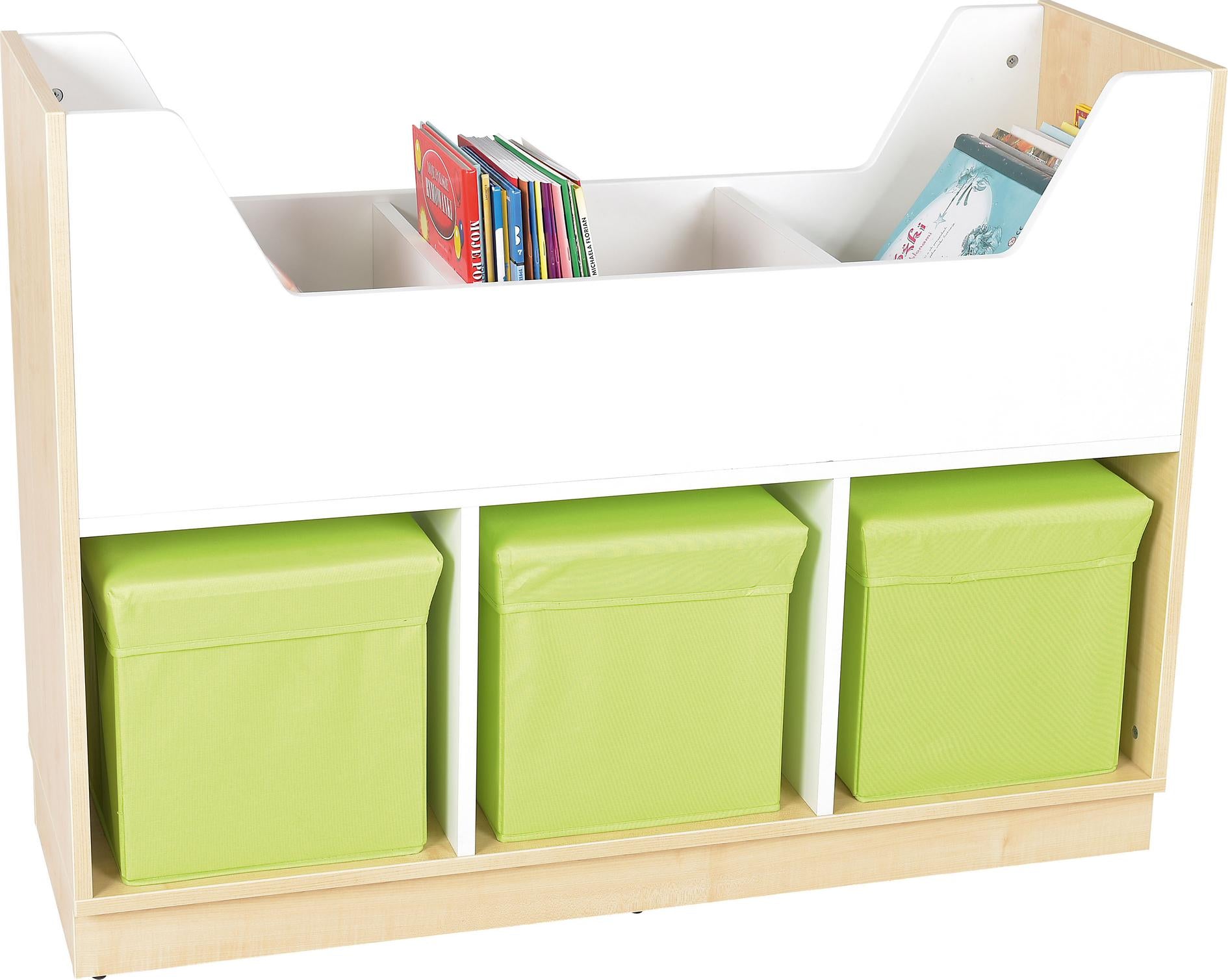 Quadro Bücherkahn mit Büchern und grünen Textilboxen. - Produkt wird im Kindergarten oder Schule genutzt.