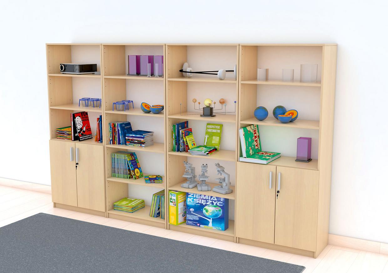 Schrankwand EXPO 7 mit Büchern und Lernmaterialien.
