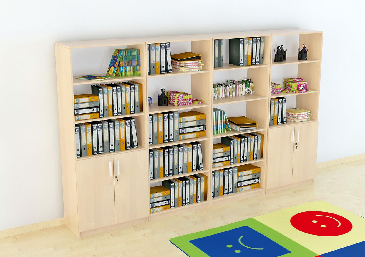 Schrankwand EXPO 7 mit Ordnern und Büchern gefüllt.