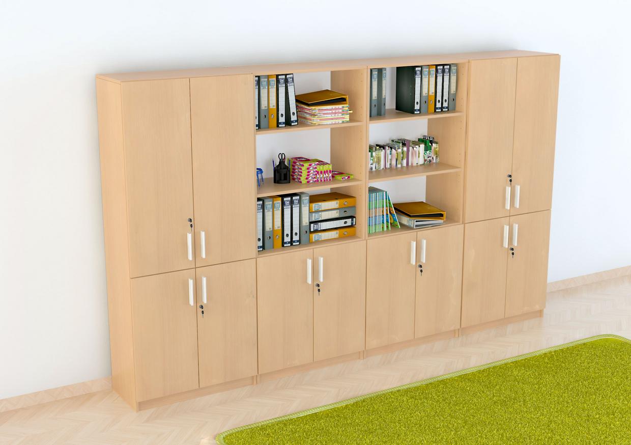 Schrankwand EXPO 8 mit Ordnern und Büchern gefüllt.