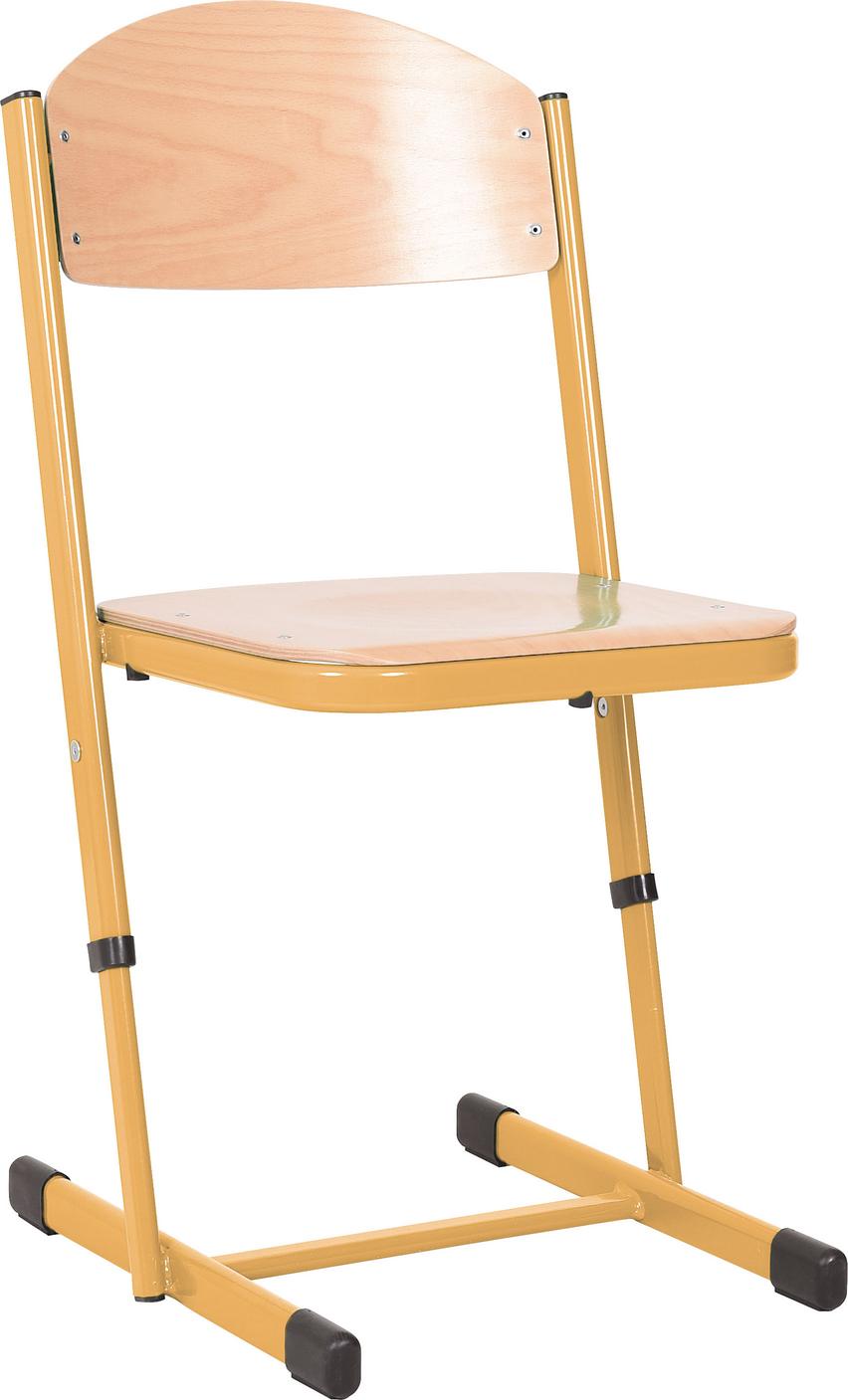 Schüler-Kufenstuhl gelb, ergonomisch, stabil, für Klassenräume geeignet.