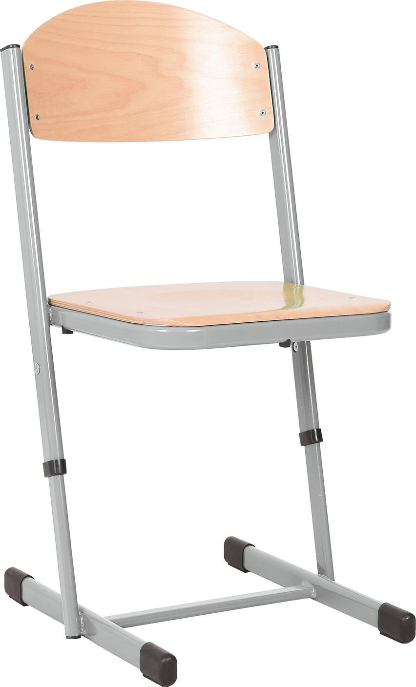 Schüler-Kufenstuhl mit Holzsitz auf stabilem Metallgestell.