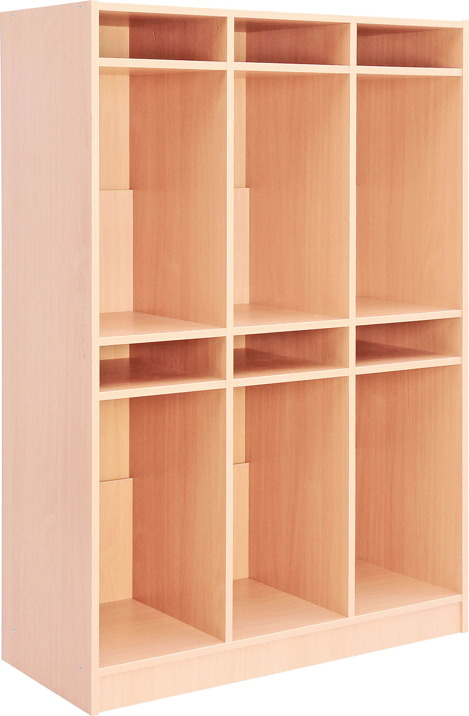 Schultaschenregal / Garderobe, 6 Einheiten, mit Containern( versch. Farben ). Geeignet für Kita, Kindergarten und Schule.