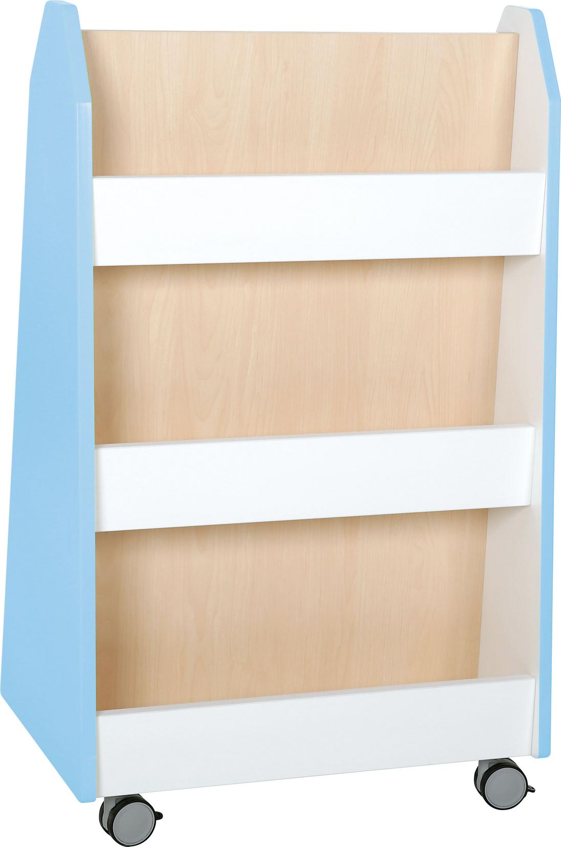 Zweiseitiges, mobiles Bücherregal für Kindergärten und Schulen. - Produkt wird im Kindergarten oder Schule genutzt.