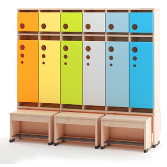 Garderobe Bubble-Serie mit ausziehbarer Bank, Konfigurierbar - versch. Farben und Größen. Geeignet für Kita, Kindergarten und Schule.