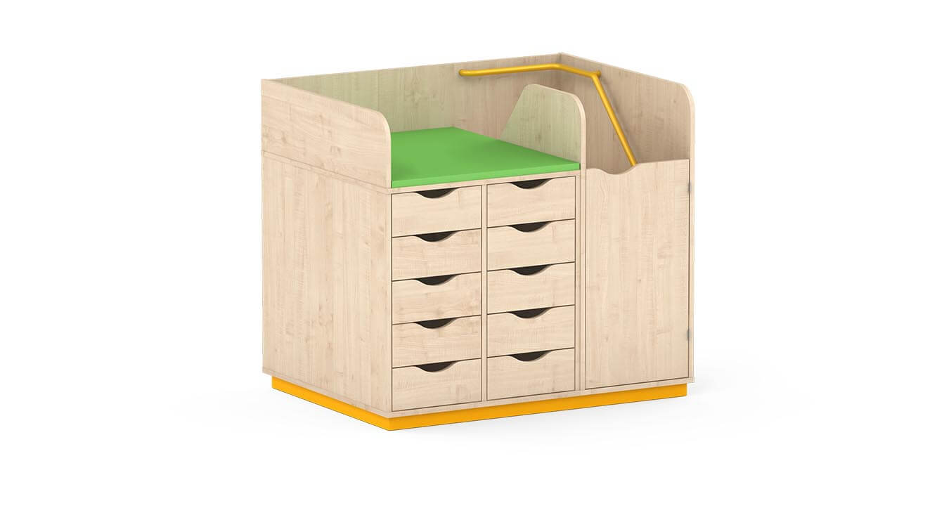 Wickeltisch mit Schubladen und Treppen inkl. Wickelauflage versch. Farben. Geeignet für die Krippe, Kita & Kindergarten.